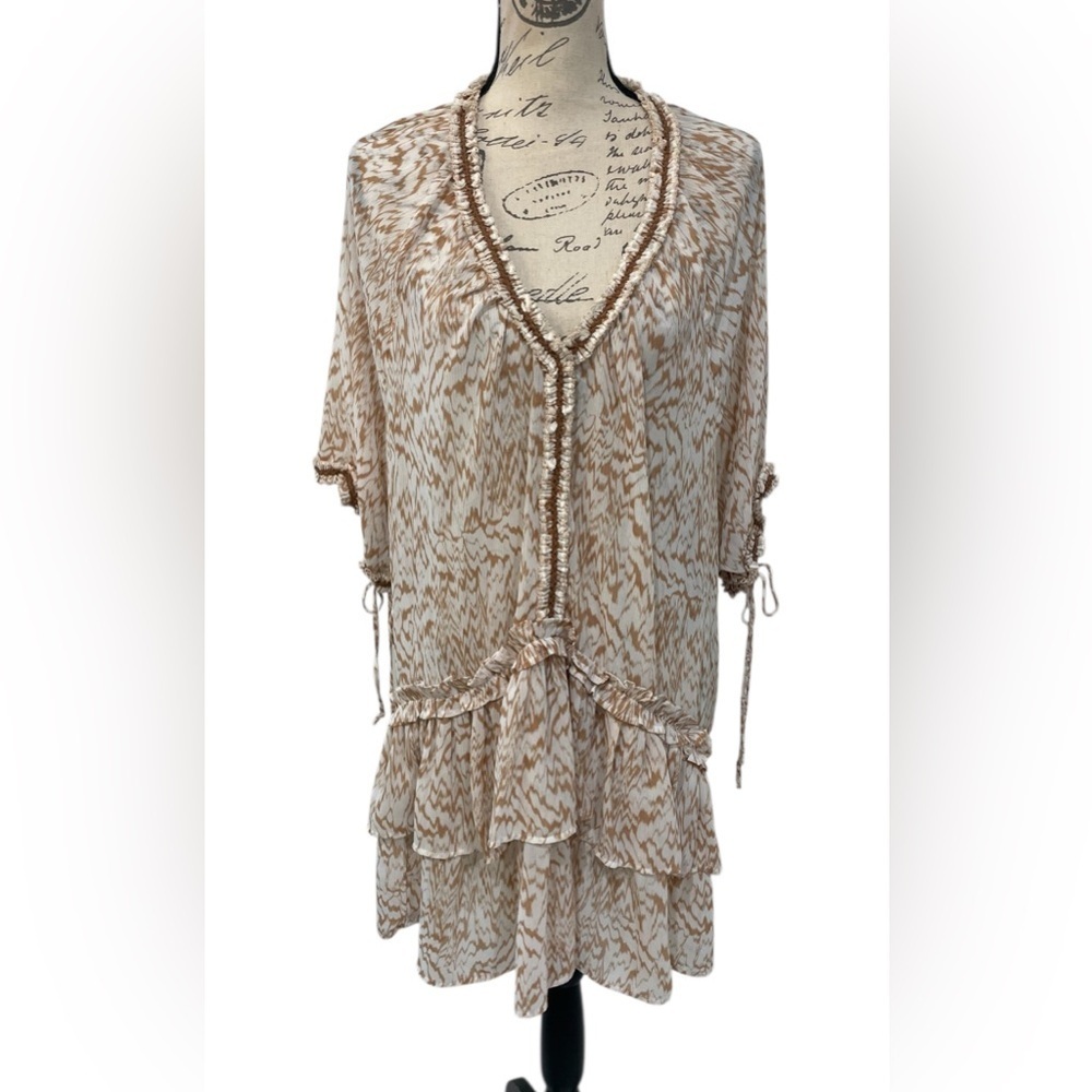 Aerie Tan Ivory Ikat Ruffle Boho Tunic Cover Up XS/S Oversized